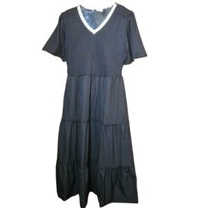 New Kate Kasin Black Tiered Babydoll Midi Dress L Metallic VNeck Smocked Flutter